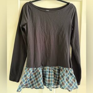 Maeve Black Long-Sleeve Top with Blue and Yellow Plaid Ruffle